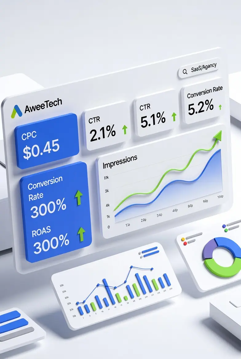 Google Ads campaign manager dashboard ROAS, conversion tracking and lead performance metrics by Aweetech