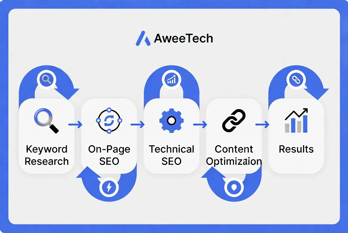 On-page SEO audit showing title tag optimisation, meta descriptions, heading structure and keyword placement by Aweetech