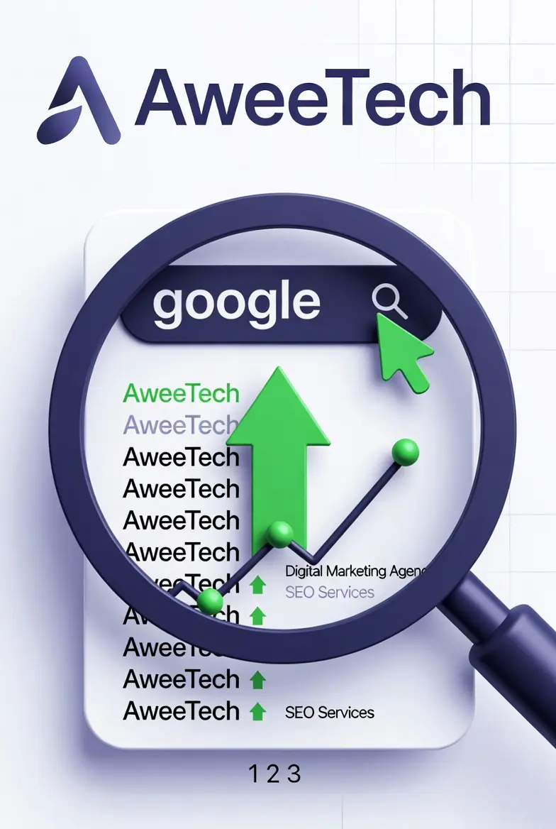SEO services performance dashboard Google search rankings, domain authority and organic traffic growth by Aweetech