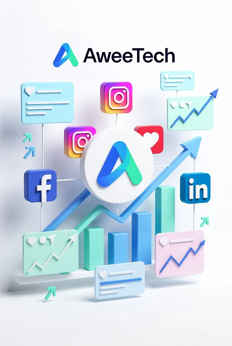 Social media marketing performance dashboard reach, engagement and follower growth across Instagram, Facebook and LinkedIn by Aweetech