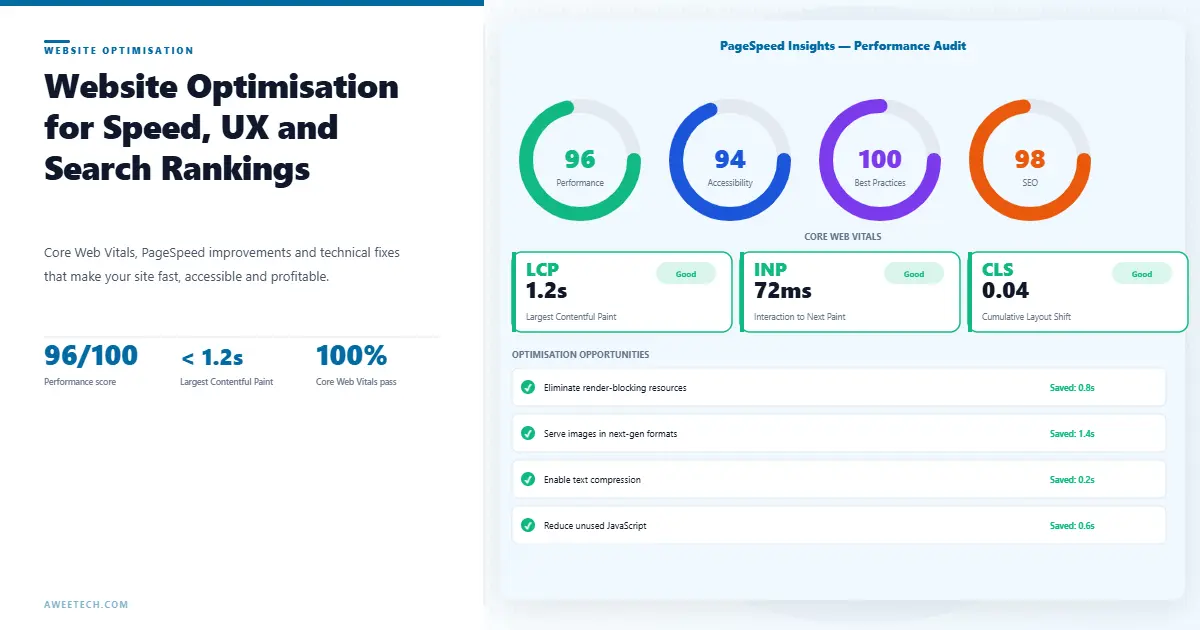 Website optimisation performance audit PageSpeed score, Core Web Vitals and technical improvements by Aweetech